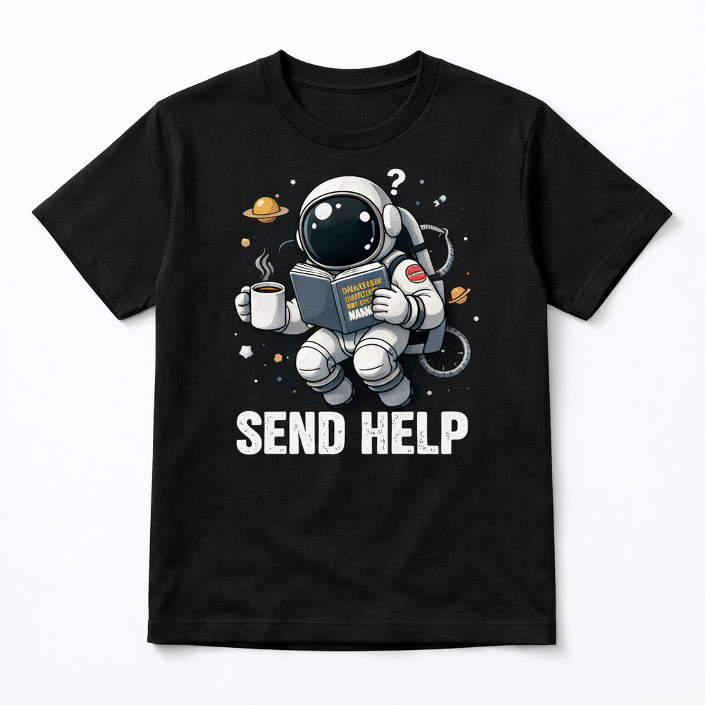Send Help Astronaut - Black T-Shirt